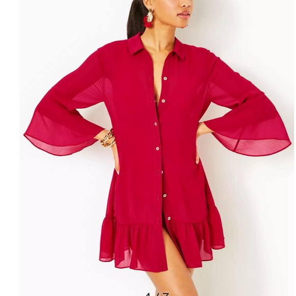 Lilly Pulitzer Linley Collared Coverup Red - Picture 2 of 9